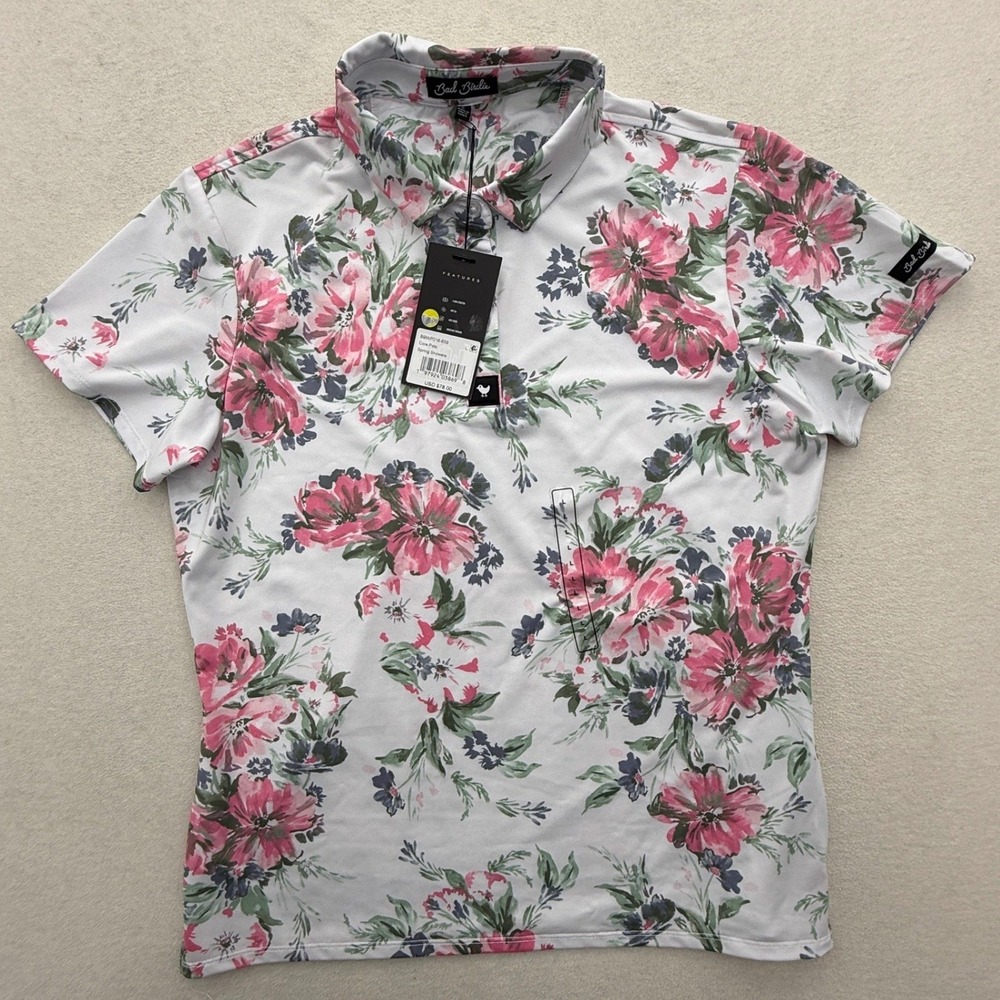 Bad Birdie Womens S Core Polo Shirt Spring Showers Floral Golf Tennis UPF 50+ - Picture 2 of 4